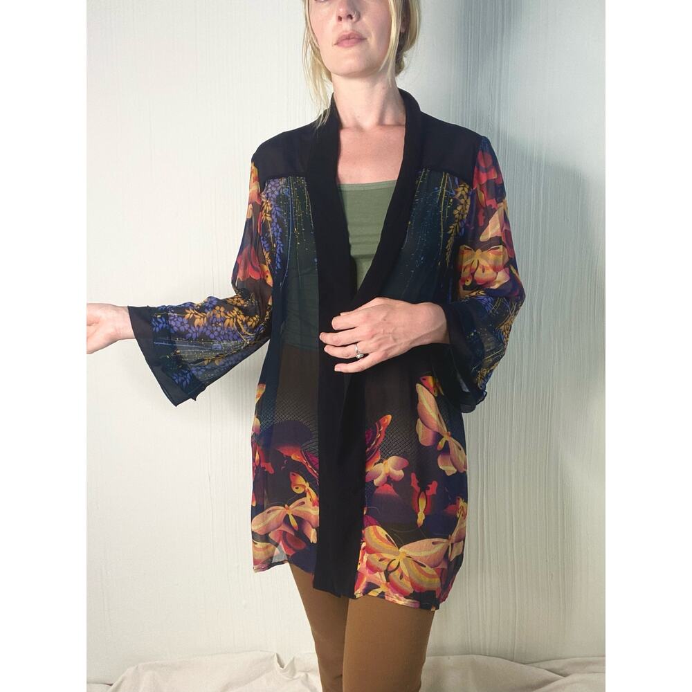 CITRON Black Sheer Silk Kimono Floral Butterflies US MEDIUM - Picture 4 of 15